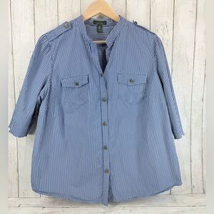 Ralph Lauren Blue Striped Short Sleeve Button Down Shirt Womans Sz 1X Casual